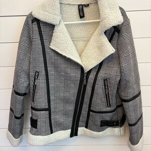 Women's Black Checkered Fleece Lined Jacket‎ M Winter Casual Zip Up - JouJou
